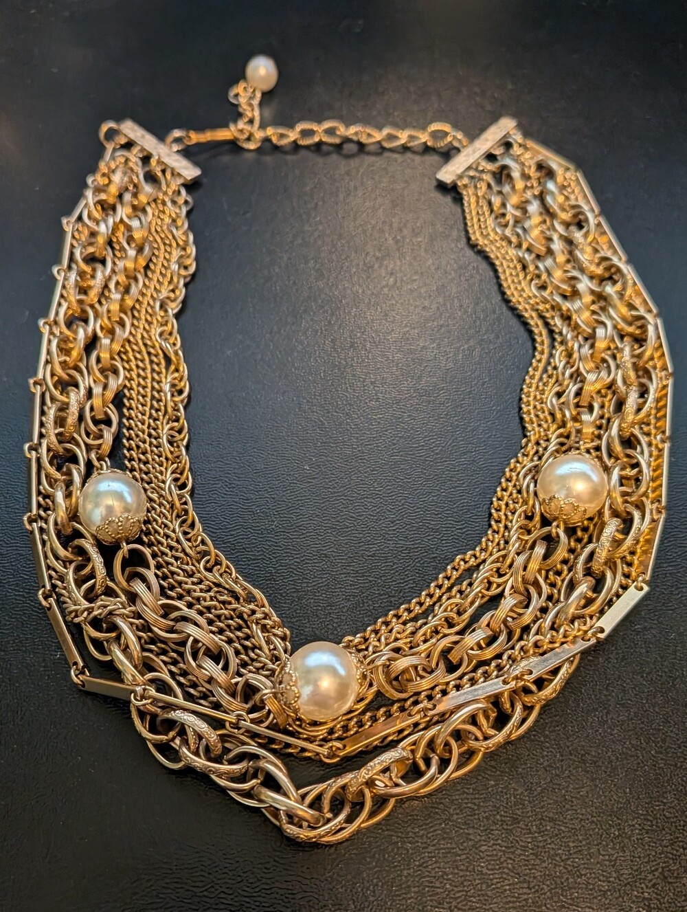 Vintage Mid Century Bib Style Necklace Gold Tone Faux Pearl